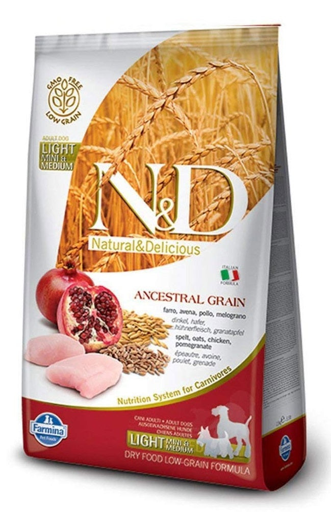 Farmina N&D Ancestral Grain Chicken Spelt Oats & Pomegranate Light Mini & Medium Adult Dog Dry Food