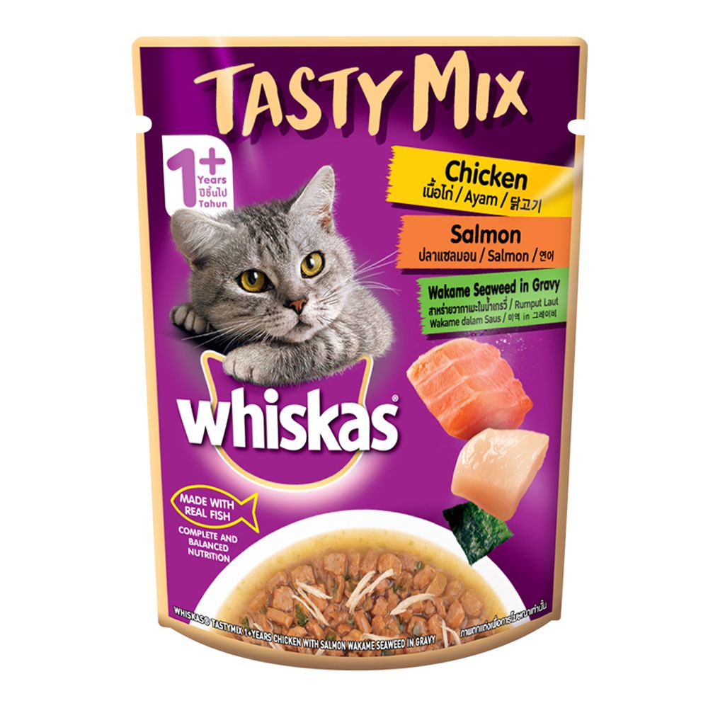Whiskas Tasty Mix Chicken With Salmon Wakame Seaweed In Gravy Pouch 70 G (Pack Of 12) - Ecom Pack