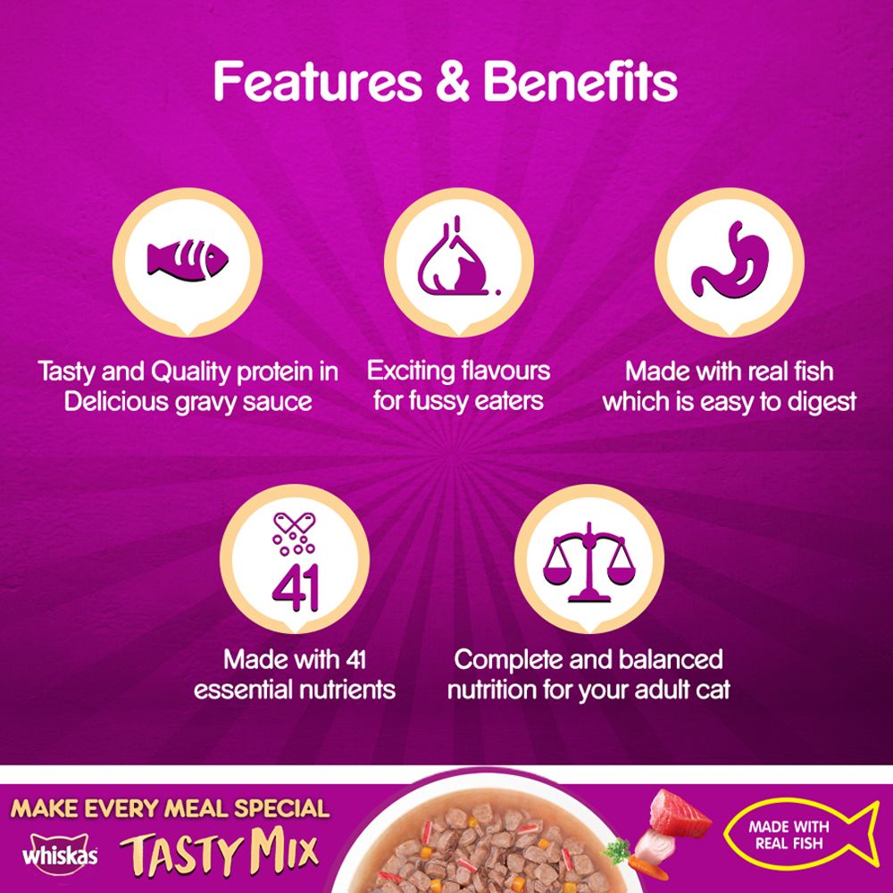 Whiskas Tasty Mix Tuna With Kanikama Carrot In Gravy Pouch 70 G (Pack Of 12) - Ecom Pack