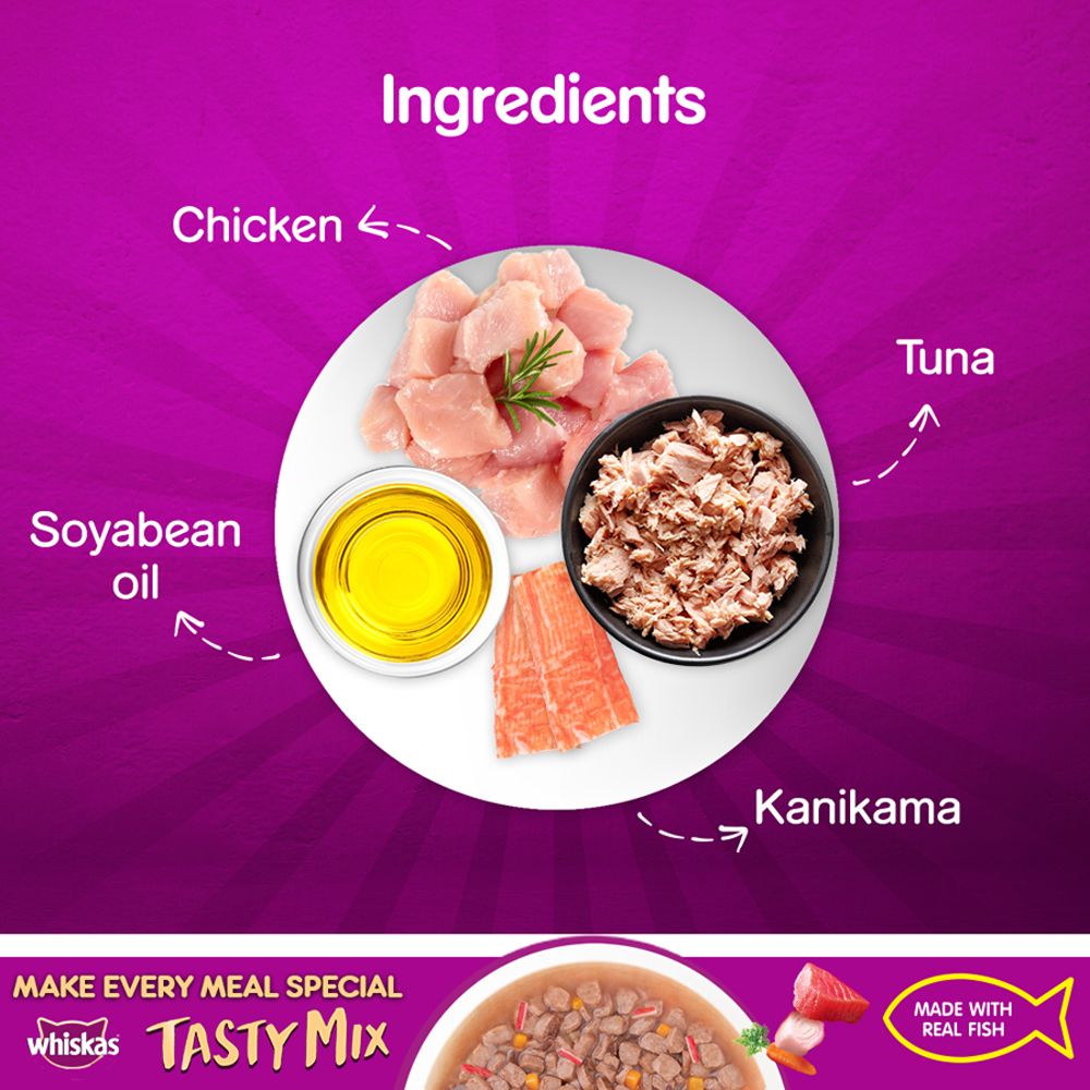 Whiskas Tasty Mix Tuna With Kanikama Carrot In Gravy Pouch 70 G (Pack Of 12) - Ecom Pack