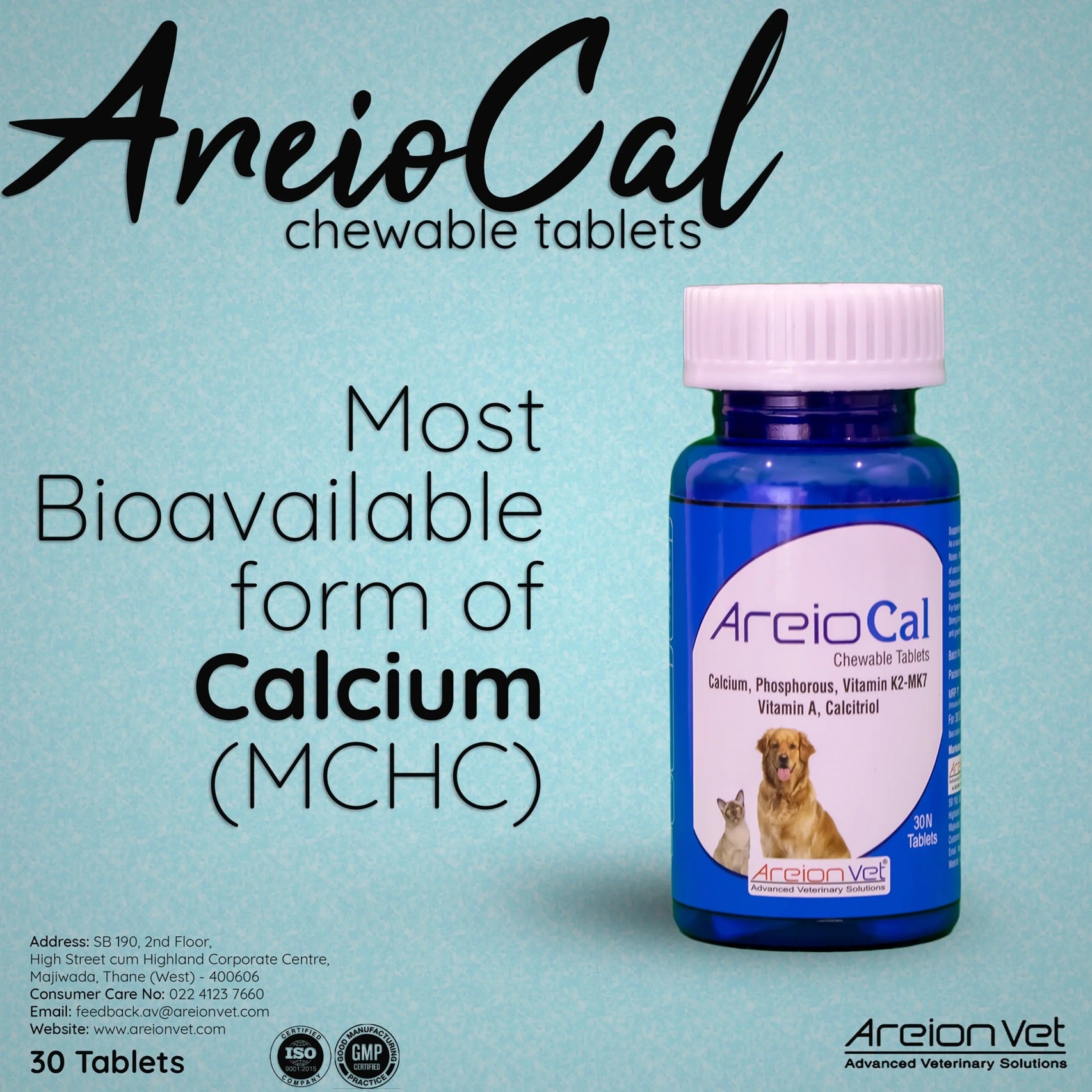 Areion Vet - AreioCal - Chewable Tablet Calcium & Vitamin Supplement for Dogs and Cats