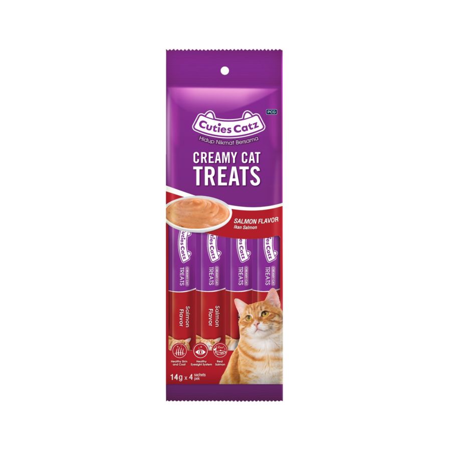 Cuties Catz : Creamy Cat Treats – Salmon Flavor 4 Tubes (14 g Each)