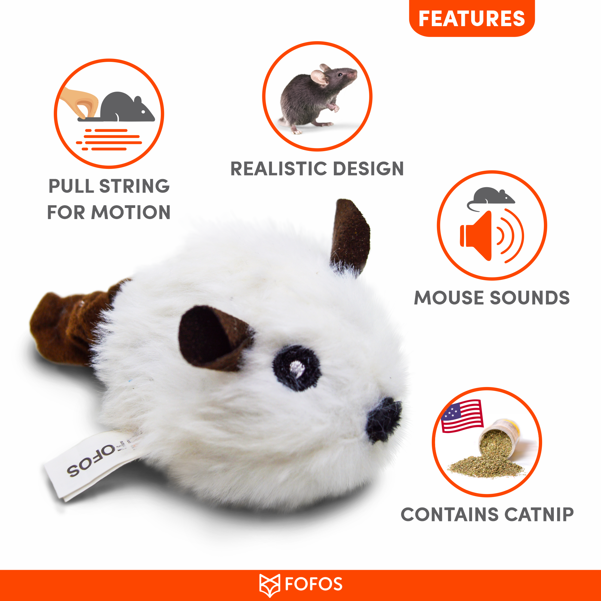 Fofos Pull String & Sound Chip Mouse Electronic Cat Toy - White