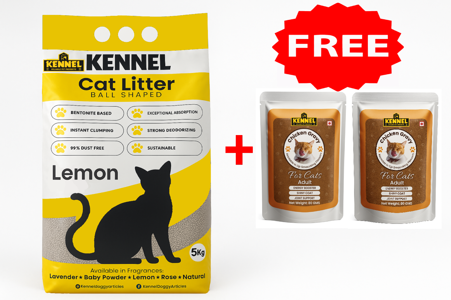 Kennel White Ball-Shaped Cat Litter 5kg + Free Twin Pack of Kennel Chicken Gravy Cat Pouches 80g