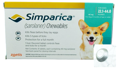 Zoetis Simparica 40mg (Sarolaner) Chewable Tablet For Dogs (22.1-44.0 lbs) - 1 Tablets