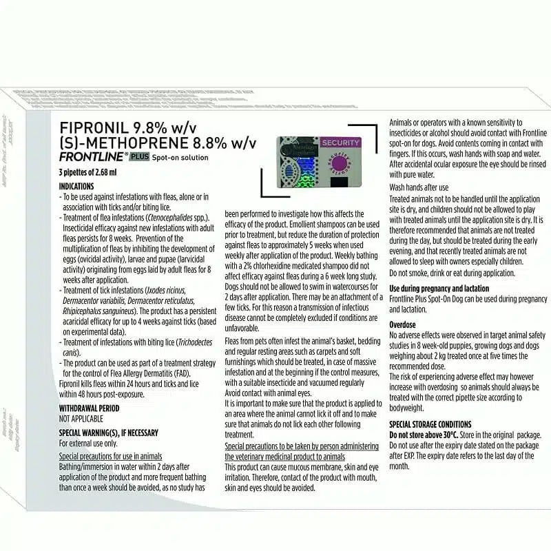 Boehringer Ingelheim: Frontline Plus Spot-On Flea & Tick Treatment For Small Dogs (2-10 kgs)  Small Dogs - 3 Pipettes