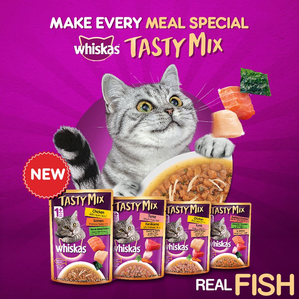 Whiskas Tasty Mix With Chicken Salmon and Wakame Seaweed In Gravy (Pouch) Pack Of 24