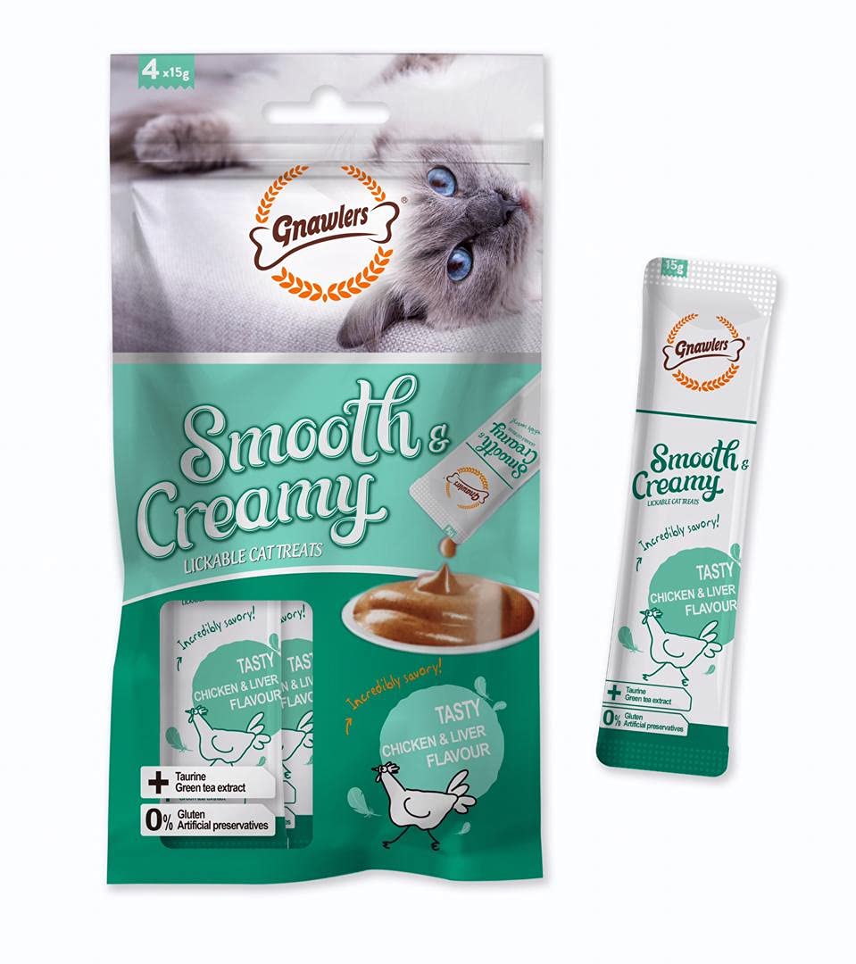 Gnawlers : Smooth & Creamy Chicken & Liver Flavour Lickable Cat Treats – 4 Pcs (15g Each)