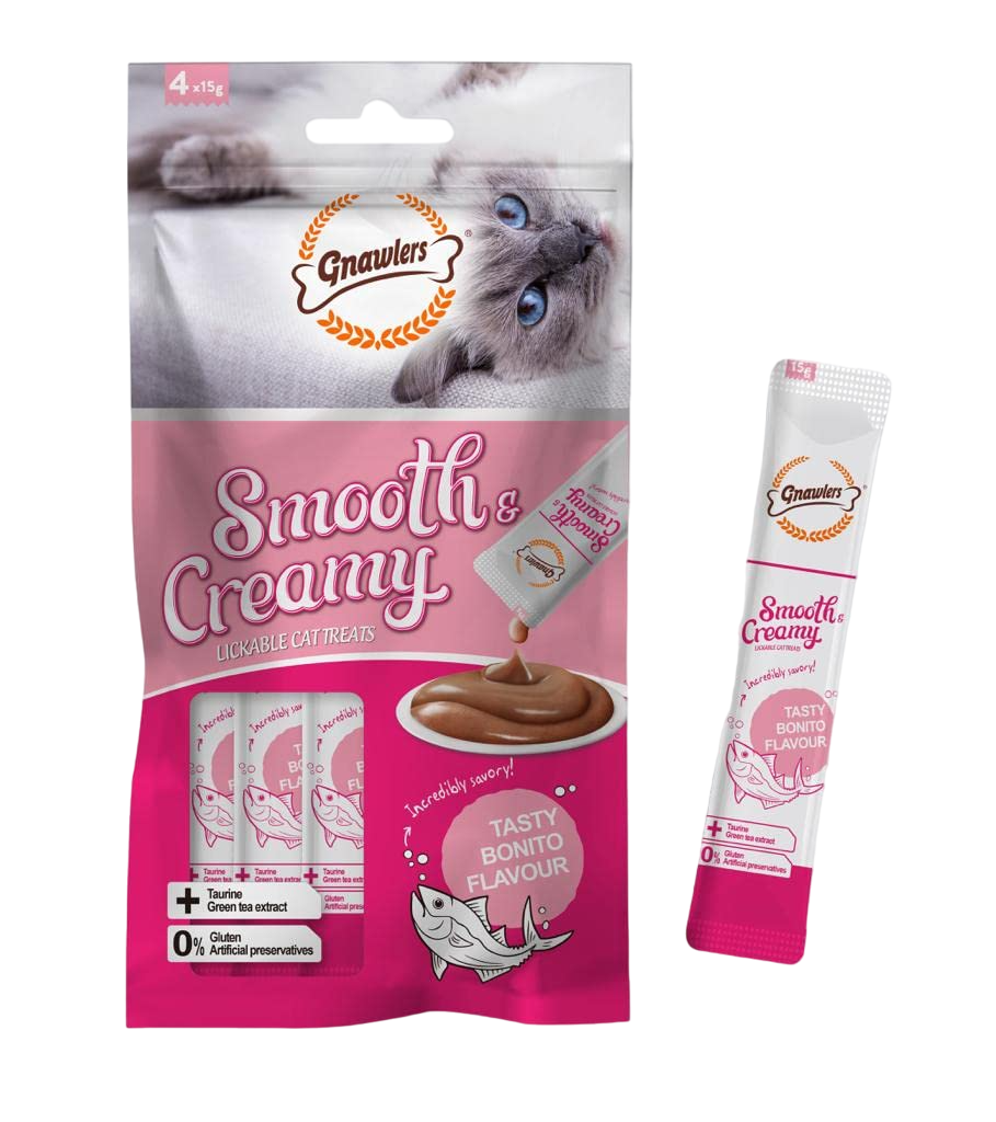 Gnawlers : Smooth & Creamy Bonito Flavour Lickable Cat Treats – 4 Pcs (15g Each)