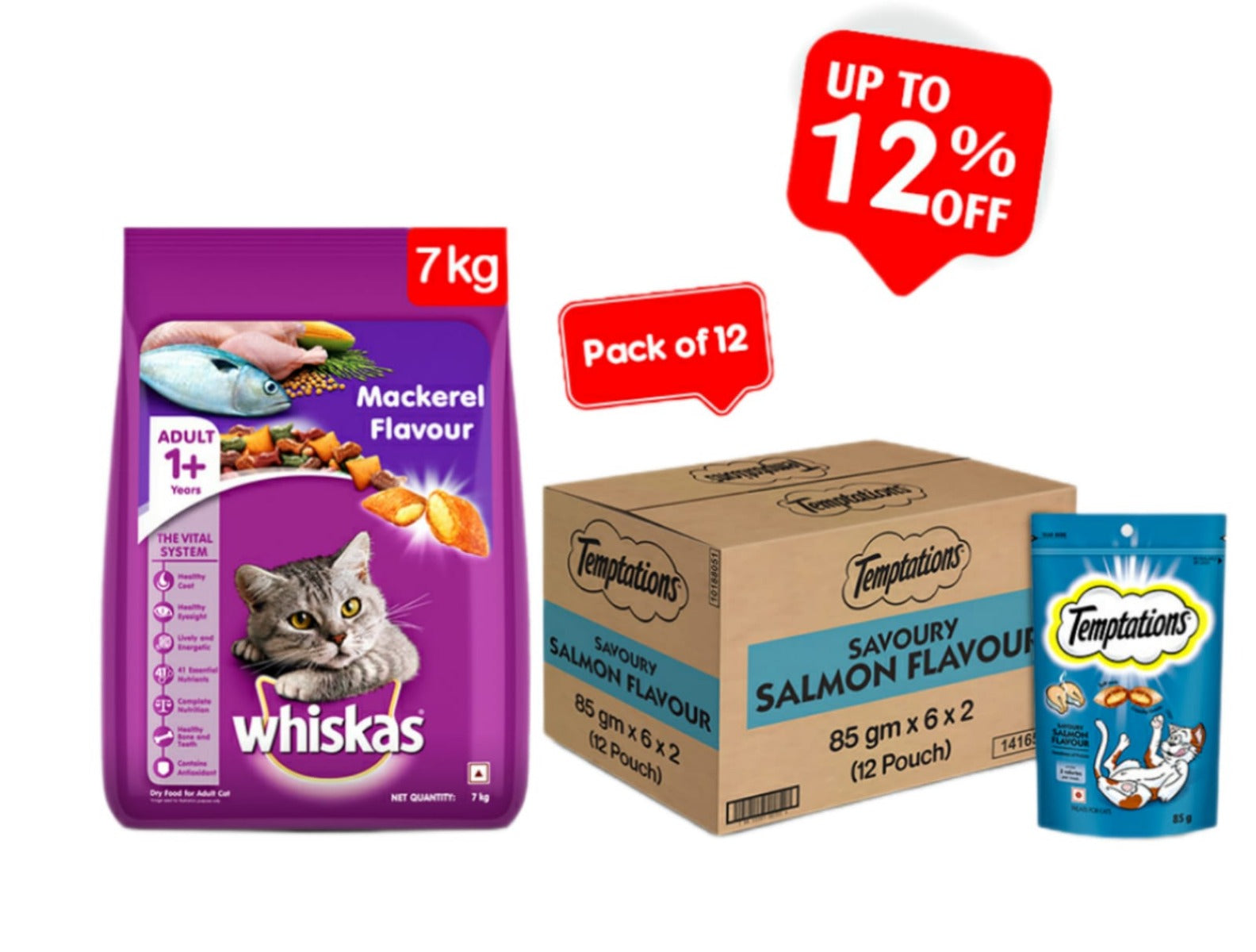 Whiskas 'Mackerel Flavour' Adult Cat Dry Food 7Kg + Temptations Savour