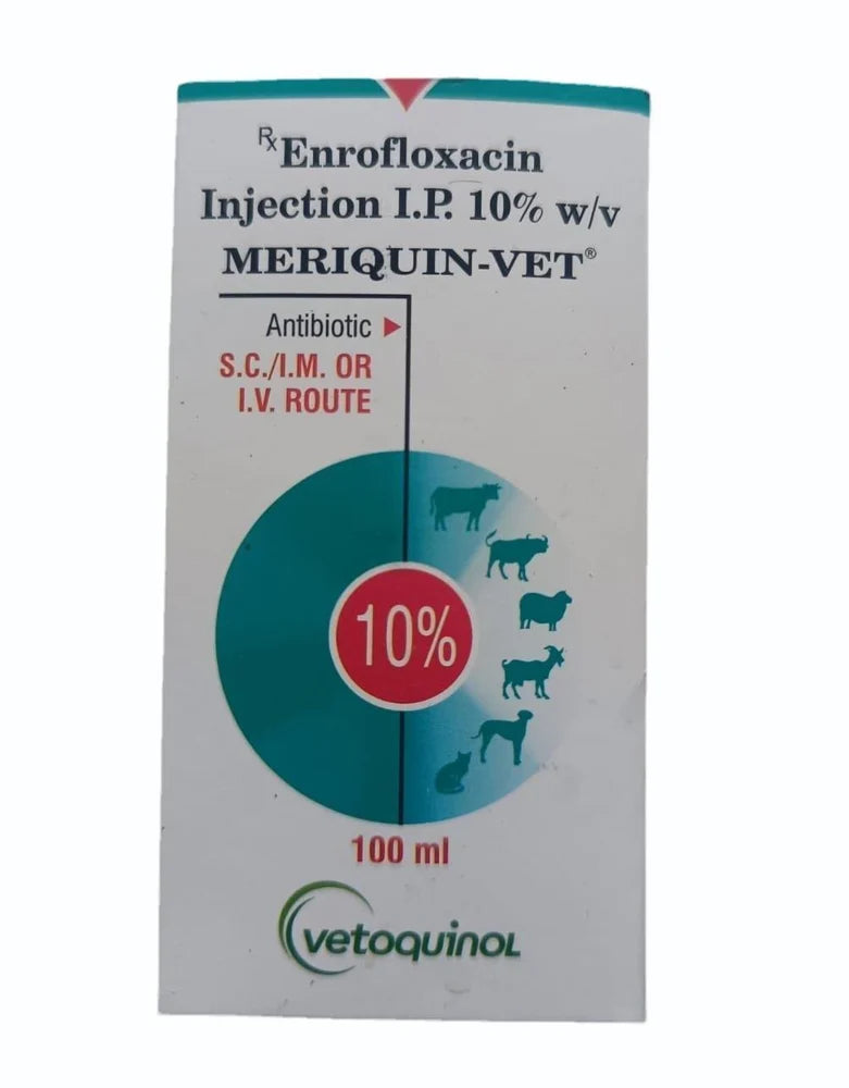 Vetoquinol Meriquin-Vet Enrofloxacin 10% Injection I.P. for Farm Animals