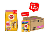 Pedigree Puppy Chicken and Milk 3Kg + Pedigree Puppy Chicken Liver In Loaf With Vegetables Pouch 70 G (Pack Of 30) - Ecom Pack Combo