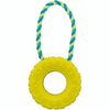 Trixie Rubber Tire Toy With A Blue And Yellow Rope Handle For Dogs