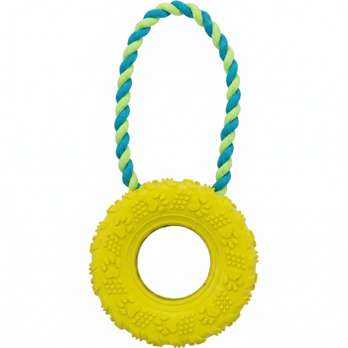 Trixie Rubber Tire Toy With A Blue And Yellow Rope Handle For Dogs