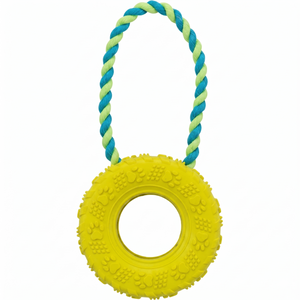 Trixie Rubber Tire Toy With A Blue And Yellow Rope Handle For Dogs
