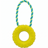 Trixie Rubber Tire Toy With A Blue And Yellow Rope Handle For Dogs