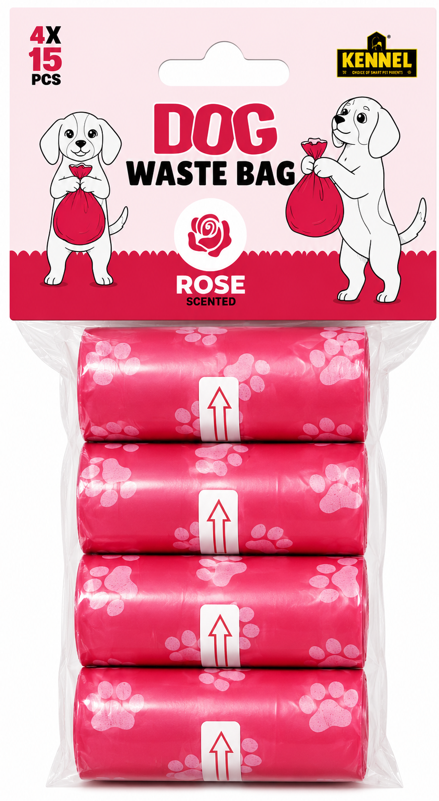 Kennel Rose Scented Dog Waste Bags (Poop Bags) – 4 Rolls x 15 Bags Each