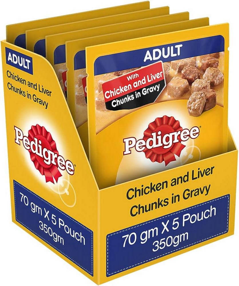 Pedigree Chicken & Liver Chunks Flavour In Gravy - Adult (5 Pouch x 70 Gms) - New Offer