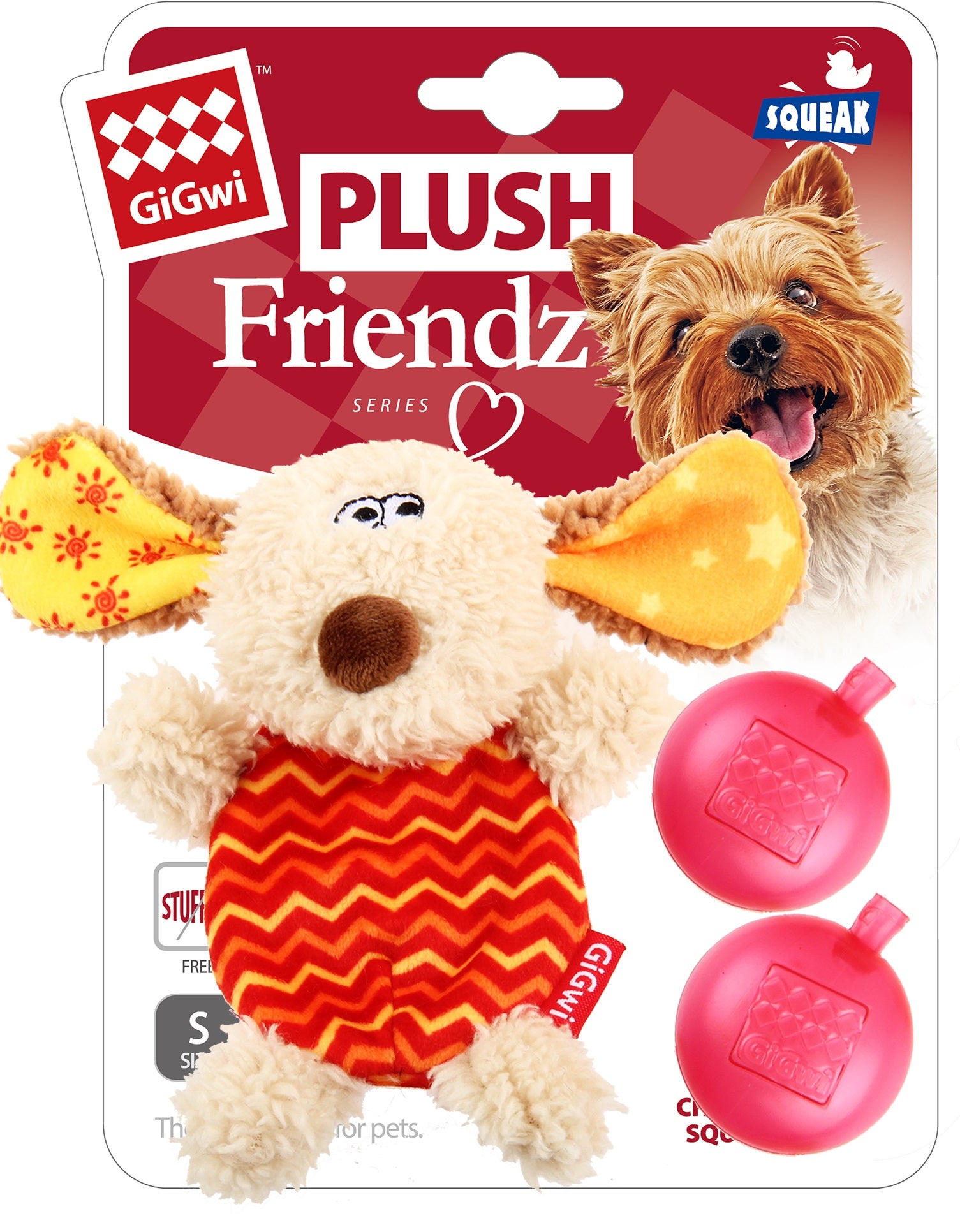 Gigwi (Grey & Red) Plush Friendz With Refillable Squeaker Dog Toy