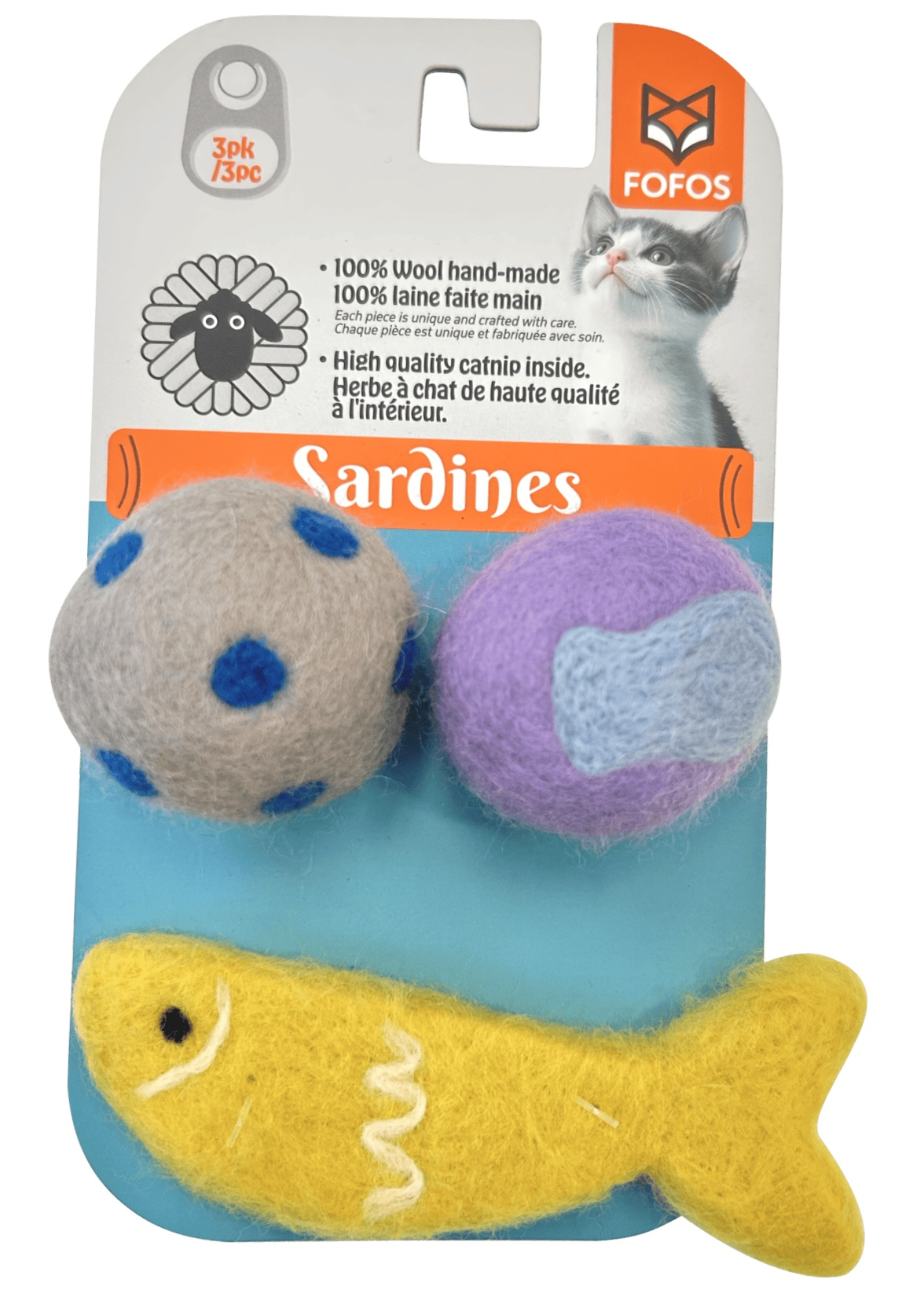 Fofos Sardine Wool Toy For Cats - 2 Balls & 1 Fish
