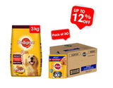 Pedigree Adult Meat and Rice 3Kg + Pedigree Chicken Grilled Liver Flavour In Loaf With Vegetables Adult Pouch 70 G (Pack Of 30) - Ecom Pack Combo