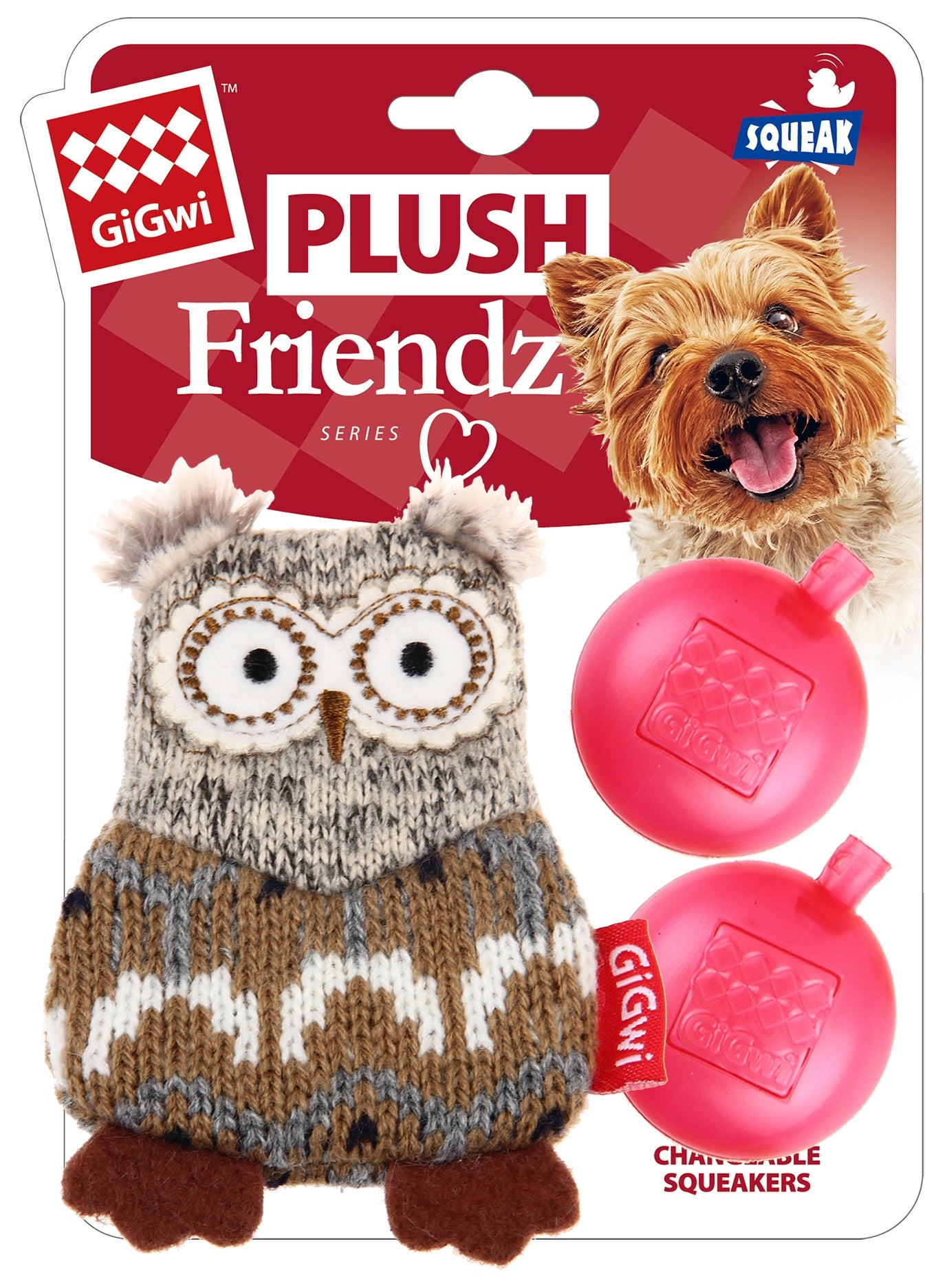 Gigwi Owl Plush Friendz With Refillable Squeaker Dog Toy - Grey/Brown