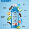 A bottle of Lozalo Fruit Shampoo centered on a light blue background with ingredient callouts and illustrated fruit/leaf graphics. The image includes text labels such as Aqua, Capb, SLES, Perfume, Shikakai Extract, Aloe Vera Extract, Tocopherol Complex, and Mix Fruity.