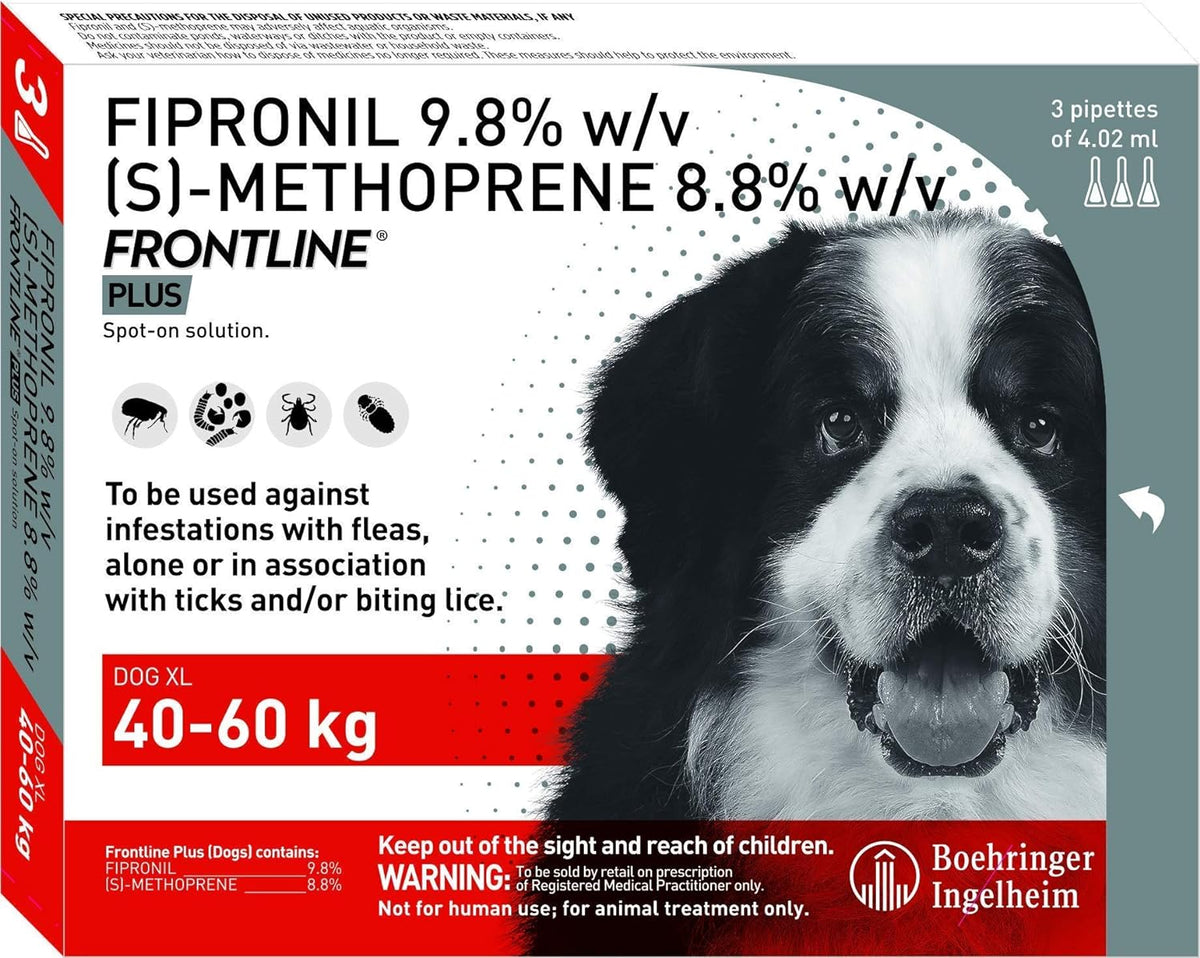 Boehringer Ingelheim: Frontline Plus Spot-On Flea & Tick Treatment for X.Large dogs (40 - 60 kgs) - 3 Pipettes