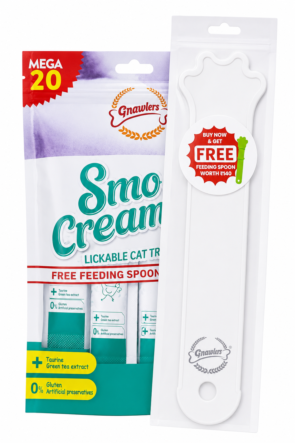 Gnawlers Smooth And Creamy Chicken & Liver Flv Lickable Cat Treats Pack Of 20 With Free Spoon