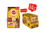 Pedigree Adult Meat and Rice 10 Kg + Pedigree Meat Jerky Grilled Liver Flavour 80 G (Pack Of 12) - Ecom Pack Combo