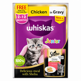 Whiskas Junior Chicken In Gravy 80 g Pouch Pack Of 7 / Sheba Chicken Prem Loaf 70 G Pouch Free For Kitten