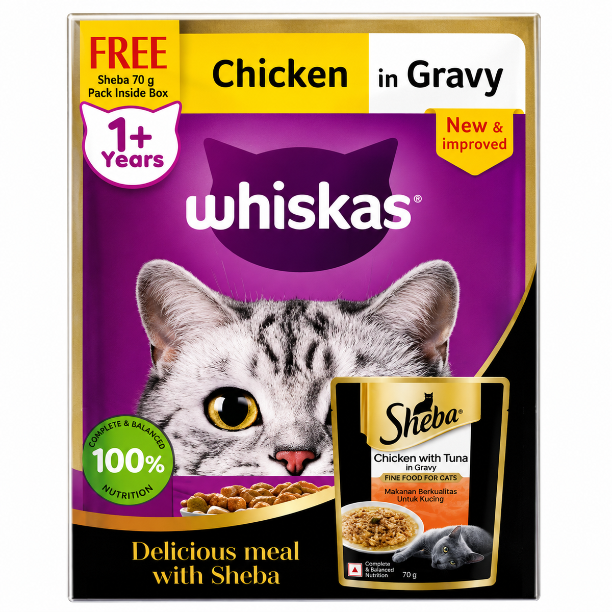 Whiskas Chicken in Gravy (80g x 7) Pouch + Free Sheba Chicken With Tuna In Gravy 70g Pouch For Adult Cat