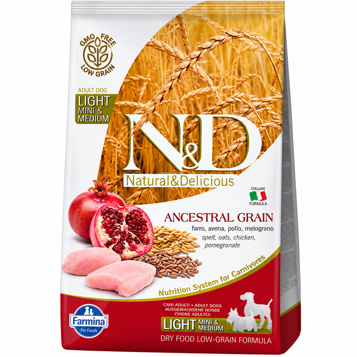 Farmina N&D Ancestral Grain Chicken Spelt Oats & Pomegranate Light Mini & Medium Adult Dog Dry Food
