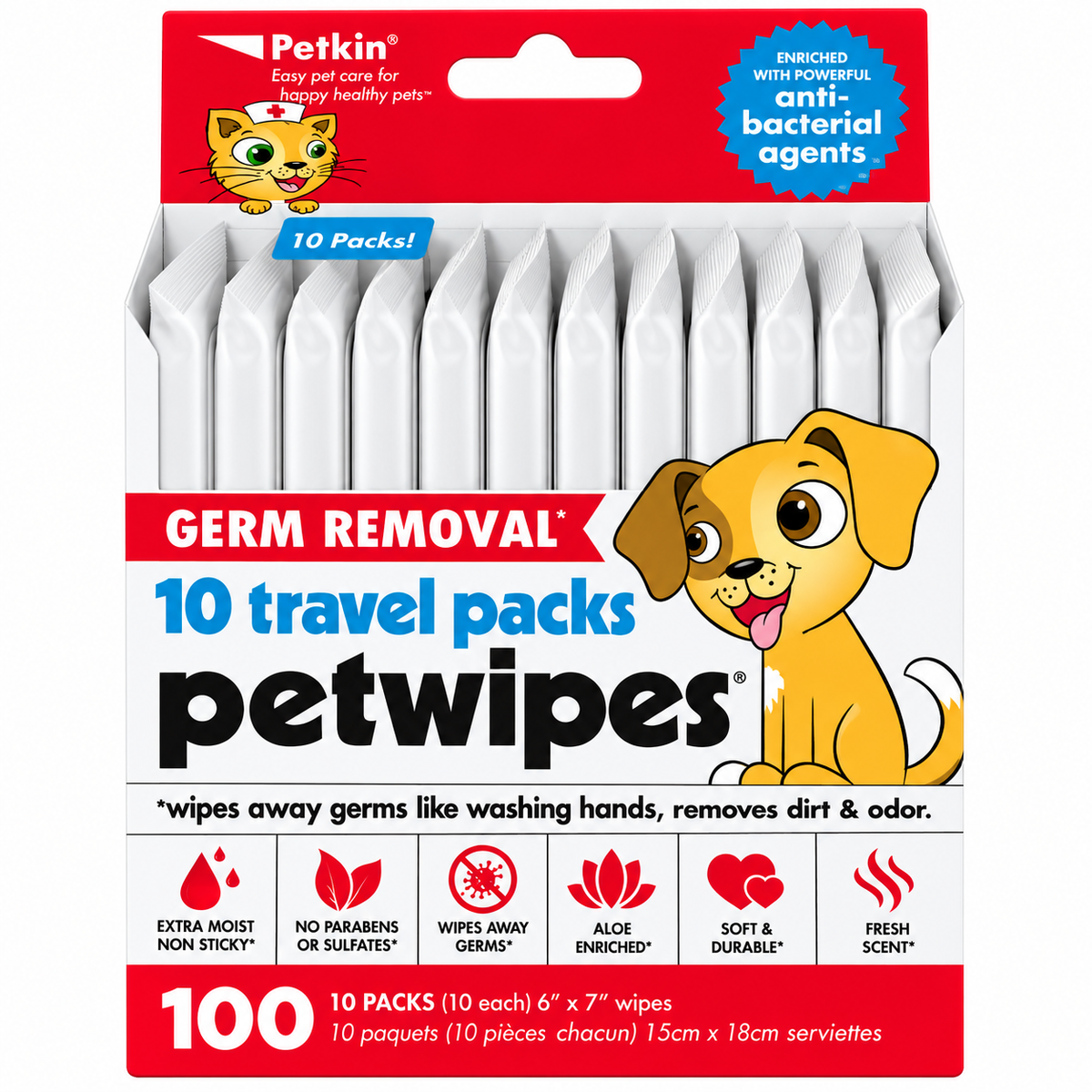 Petkin Germ Removal 10 Travel Pack Petwipes For Dogs & Cats