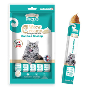Signature : GrainZero Woow Creamy Lickable Cat Treats – Bonito & Scallop (4+1 Free Sachets)
