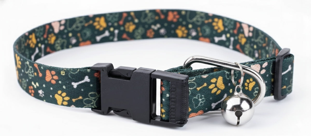 Kennel Adjustable Printed Nylon Puppy & Cat Collar with Click Buckle - Green Bones Print