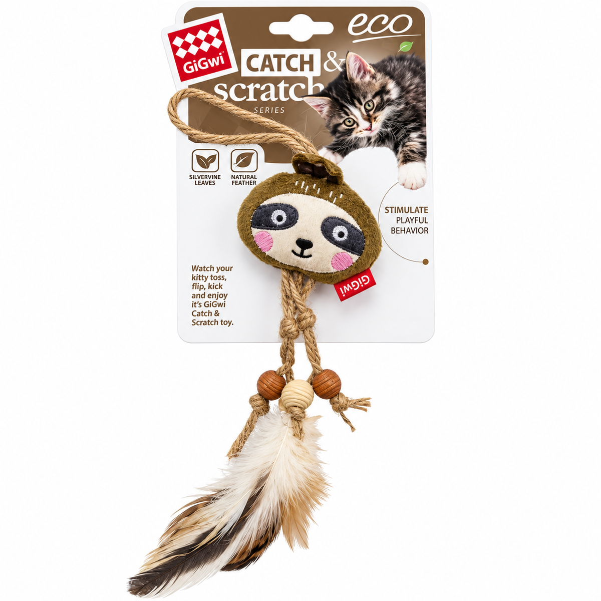 Gigwi Eco Line Catch & Scratch Sloth With Silvervine Leaves Feather & Bead Cat Toy