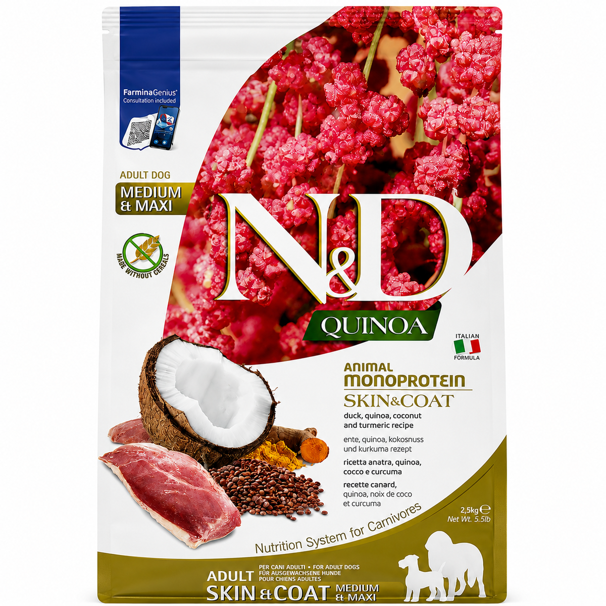 Farmina N&D Quinoa Skin And Coat Quail Quinoa Coconut And Turmeric Grain Free Medium & Maxi Adult Dog Dry Food