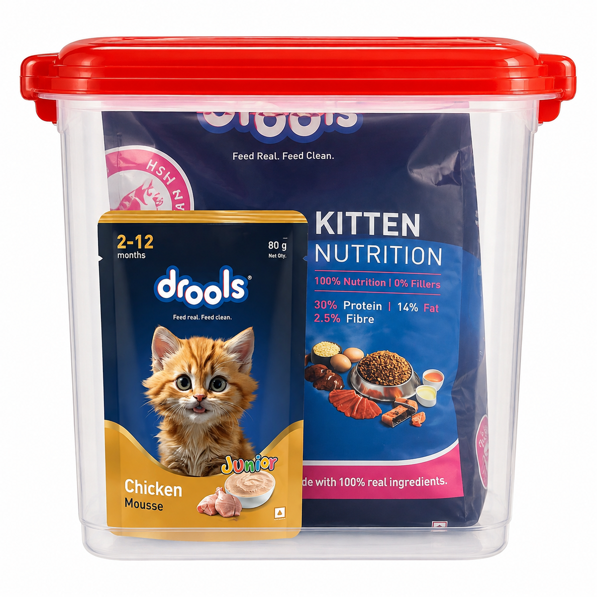 Drools Ocean Fish Kitten Dry Food With Free Container + Chicken Mousse Kitten Gravy Pouch