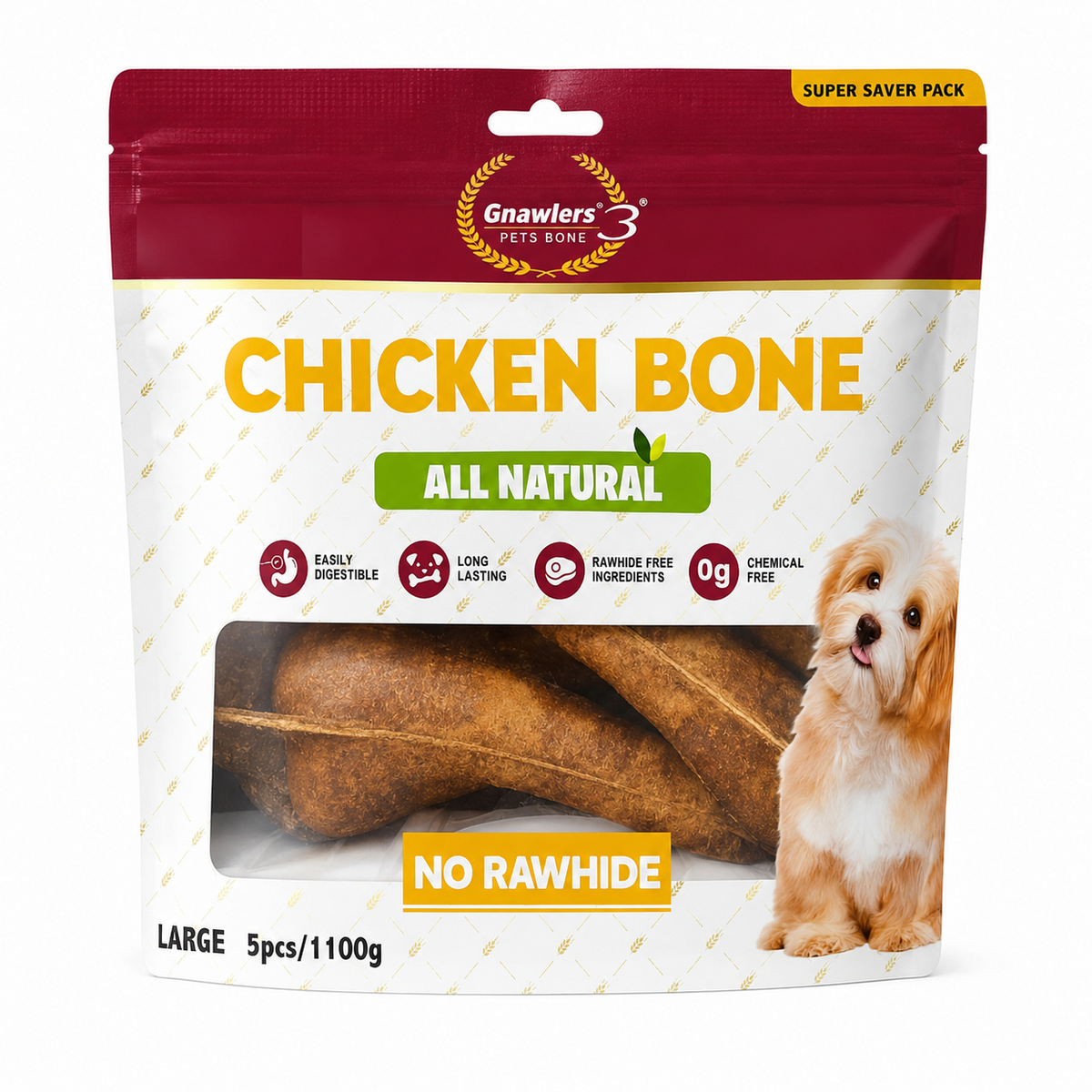 Gnawlers All Natural No Rawhide Chicken Large Bone For Dogs 5 Pcs