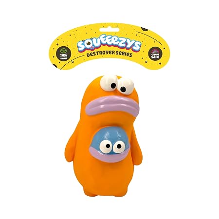 Squeeezys Monster Brother Orange And Blue Latex Dog Toy
