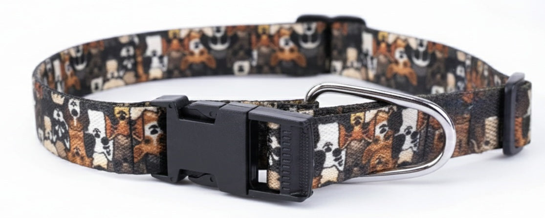 Kennel Adjustable Printed Nylon Dog Collar with Click Buckle – Multi Face Brown Print