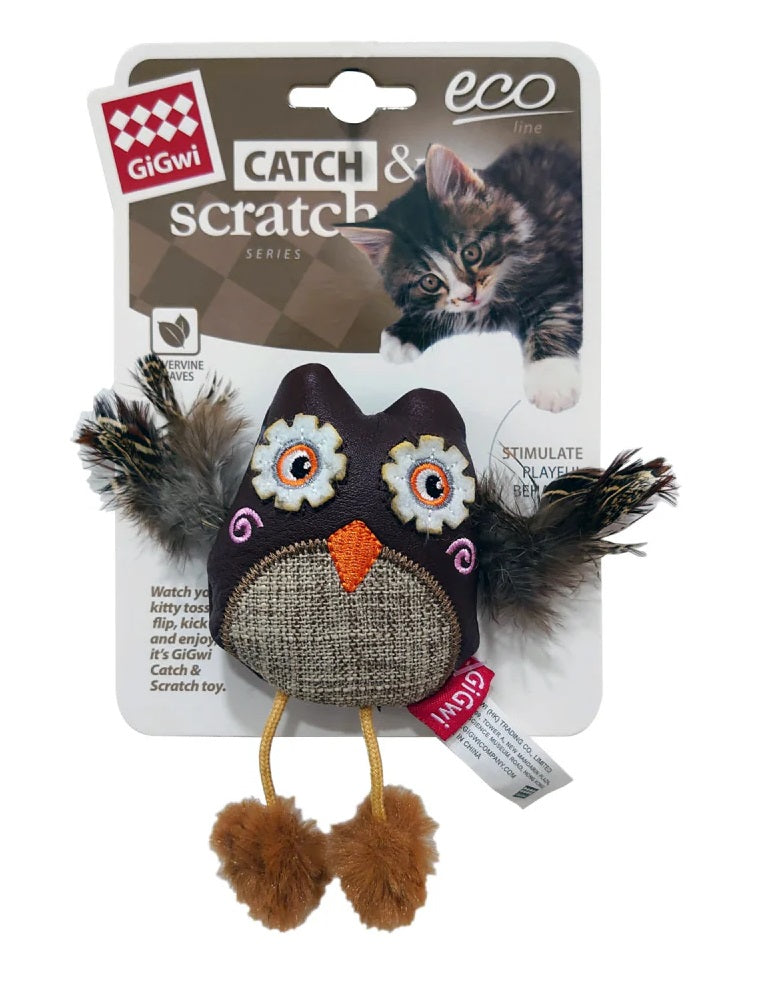 GiGwi Eco Line Catch & Scratch Owl Cat Toy with Silvervine Leaves & Leatherette