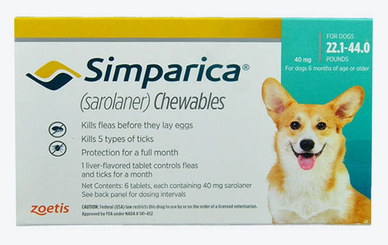 Zoetis Simparica 40mg (Sarolaner) Chewable Tablet For Dogs (22.1-44.0 lbs) - 1 Tablets