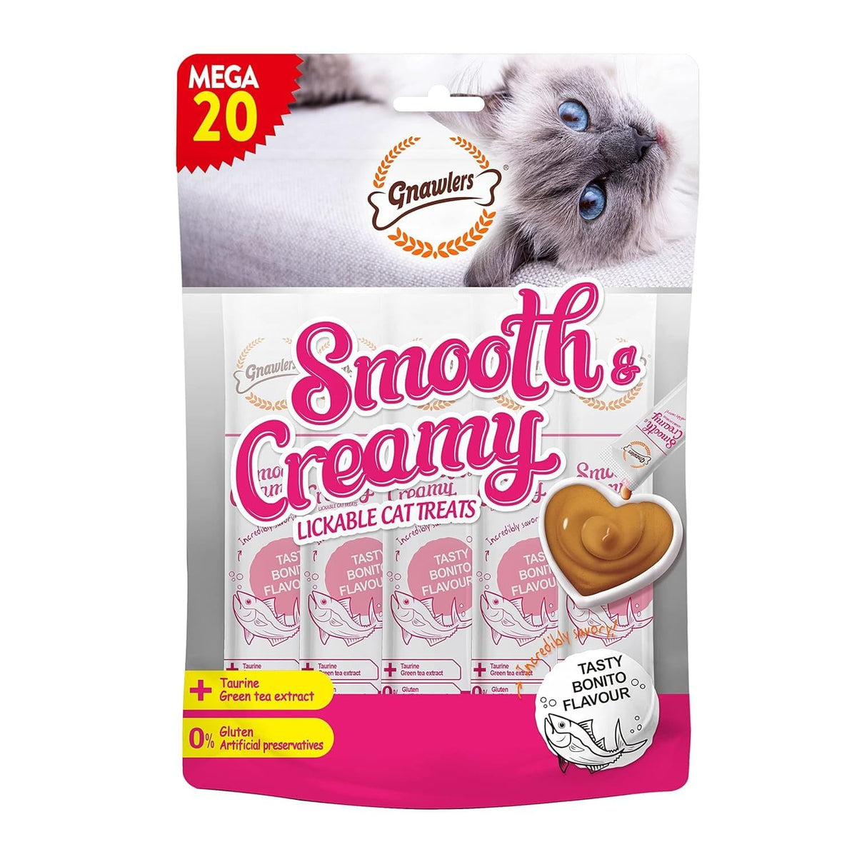 Gnawlers Smooth & Creamy Lickable Cat Treat Bonito Flavour Mega Pack 15g x 20 pcs