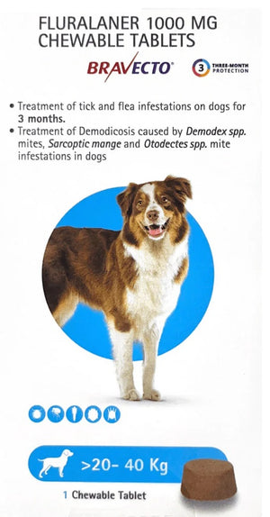 MSD Animal Health Bravecto Fluralaner 1000mg Chewable Tablet For Dogs (20 Kg - 40 Kg)