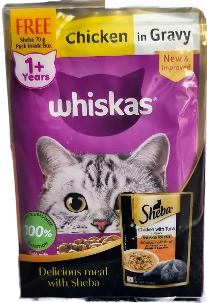 Whiskas Chicken in Gravy (80g x 7) Pouch + Free Sheba Chicken With Tuna In Gravy 70g Pouch For Adult Cat