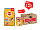 Pedigree Puppy Meat & Milk - Dry Food 3Kg + Pedigree Puppy With Chicken Chunks In Gravy Pouch 70 G (Pack Of 30) - Ecom Pack Combo