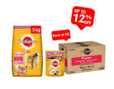 Pedigree Puppy Chicken and Milk 3Kg + Pedigree Puppy With Chicken Chunks In Gravy Pouch 70 G (Pack Of 30) - Ecom Pack Combo