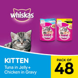 Whiskas Kitten Mix Selection With Tuna in Jelly Pouch, 85g + Chicken in Gravy Pouch, 85g (Pack of 48)